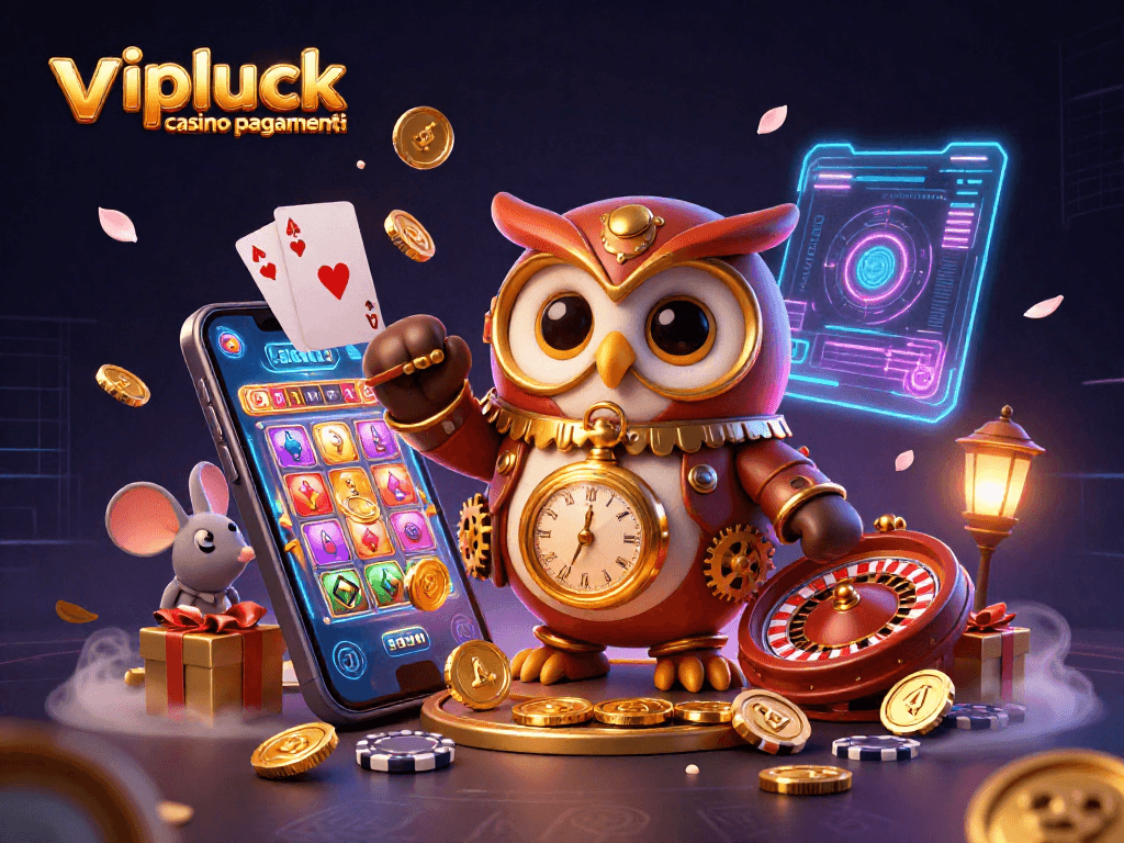 Vivi l'esperienza dei vipluck casino pagamenti con un gufo viaggiatore in steampunk e elementi futuristici.