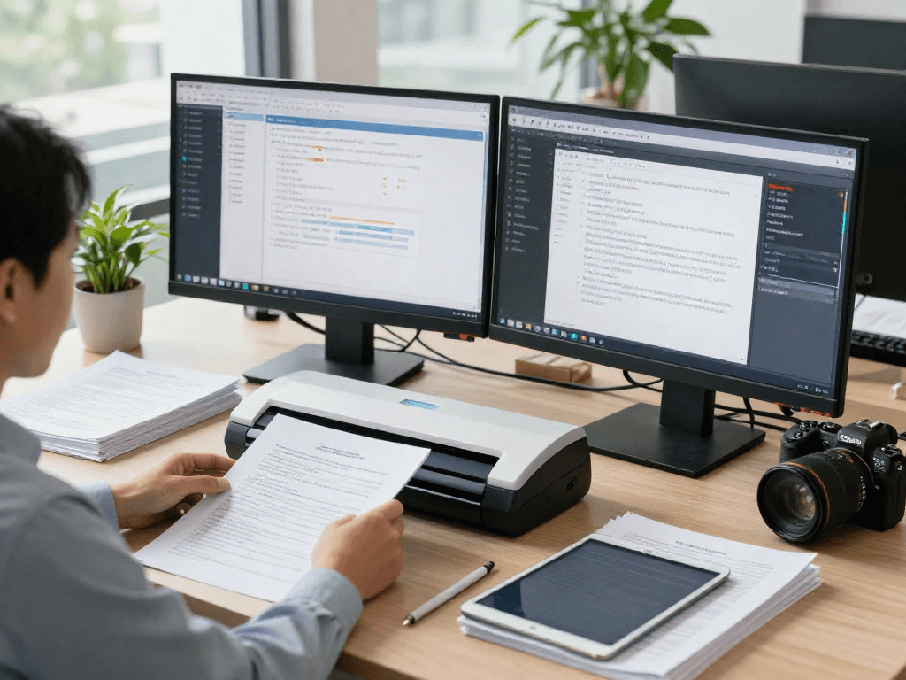 Compliance officer performing document fraud detection analysis using advanced software and high-tech tools in a modern office.