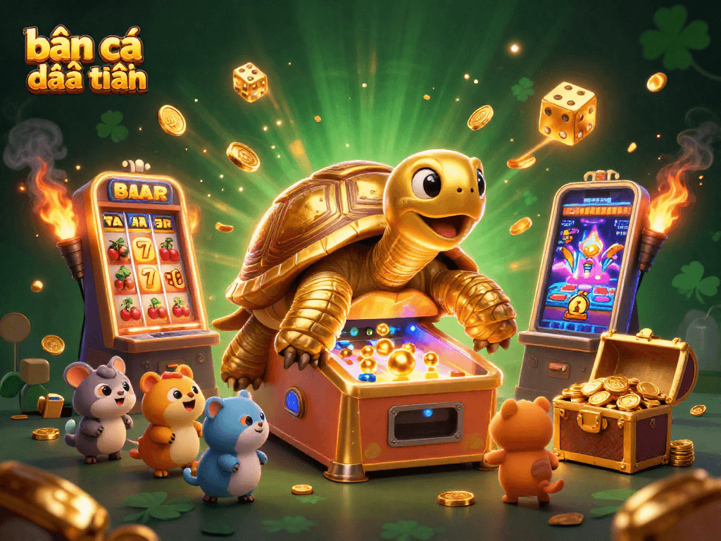 Engage in bắn cá đổi thưởng with golden tortoise and exciting game elements in a dynamic casino scene.