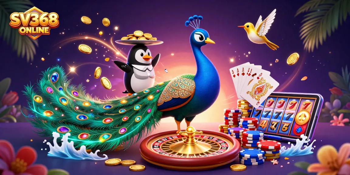 Spin and win with SV368 ONLINE as a peacock displays gems, surrounded by bright casino elements.
