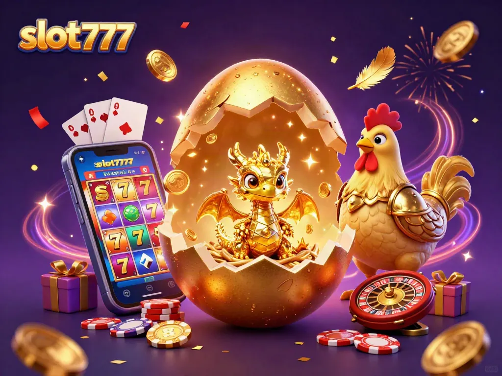 Experience the excitement of slot777 with a golden dragon and poker chips in this vibrant casino illustration.