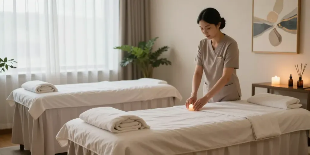 Relaxing wellness room for 은평구출장안마 with calming ambiance and massage preparations.