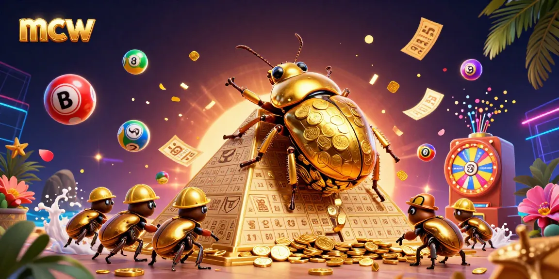 Win exciting prizes with mcw as a golden dung beetle rolls coins at a vibrant casino scene.