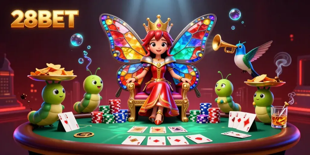 Experience the vibrant excitement of 28BET with a fantasy casino scene featuring a butterfly queen and poker elements.