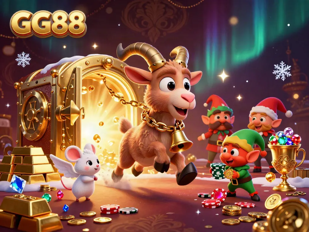 Experience the thrilling GG88 casino scene with cartoon characters amidst sparkling treasures and festive chaos.