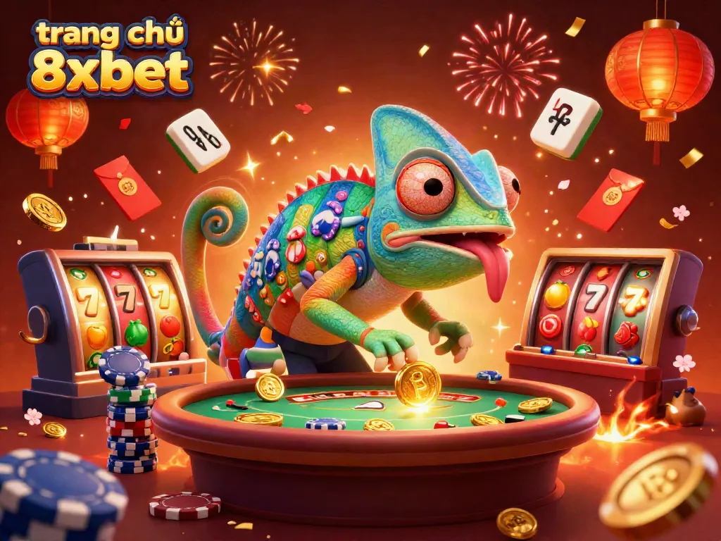 Engage in excitement at trang chủ 8xbet with a vibrant 3D casino scene featuring a chameleon and colorful slot games.