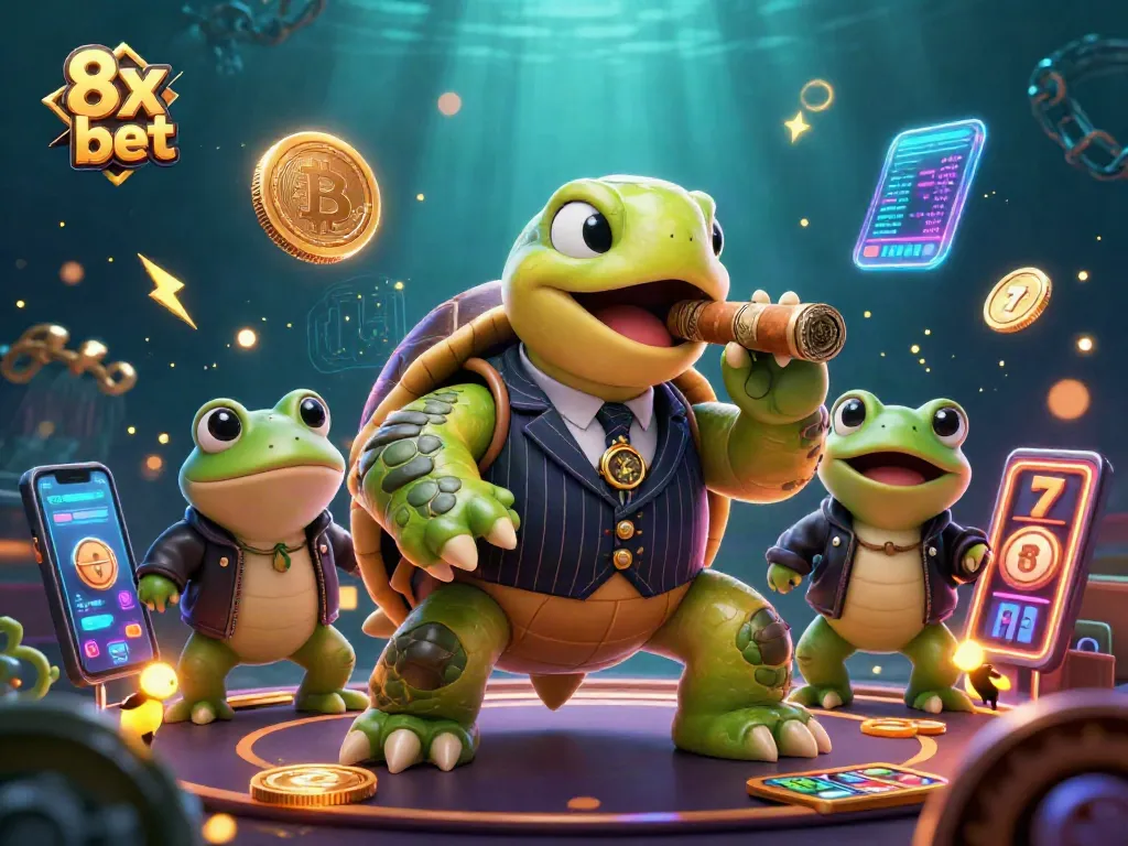 Experience the vibrant action of 8x bet with a turtle banker amidst lively casino elements.