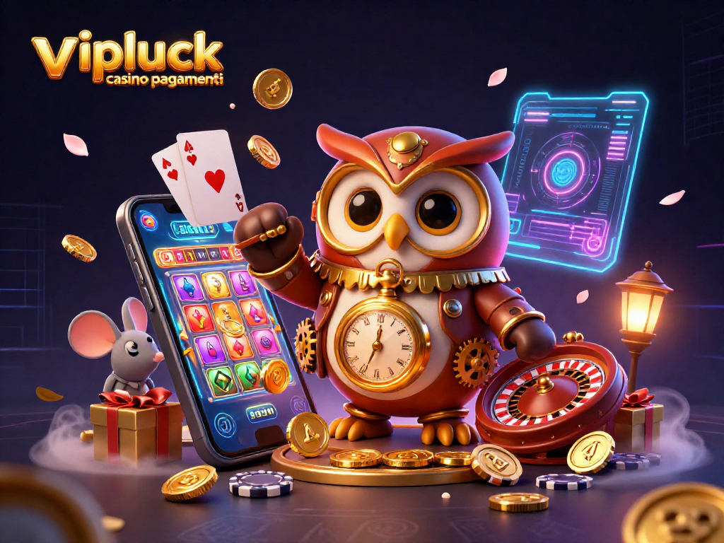 Vivi l'esperienza dei vipluck casino pagamenti con un gufo viaggiatore in steampunk e elementi futuristici.