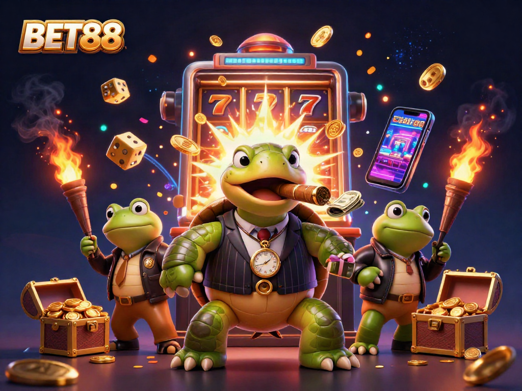 Join the excitement at BET88 with a lively scene featuring a snapping turtle in a casino, bursting with slots and jackpot symbols.