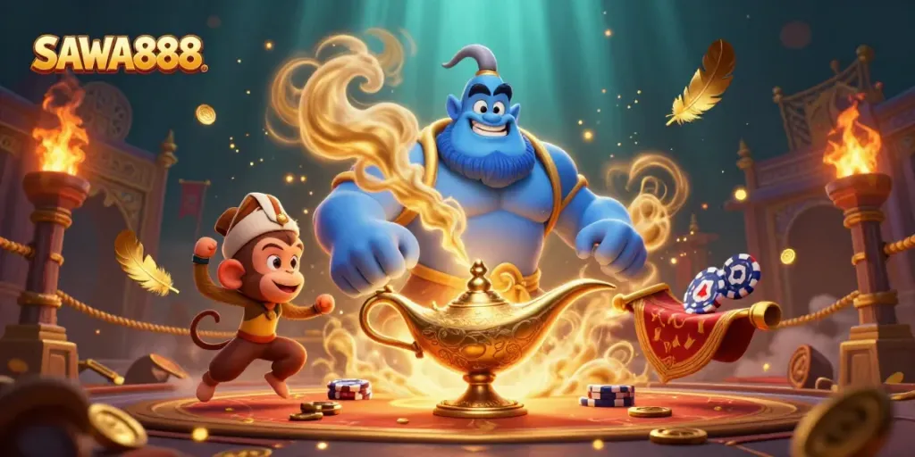 Engaging SAWA888 casino scene with genie, monkey, and magic carpet amidst rich gaming elements.