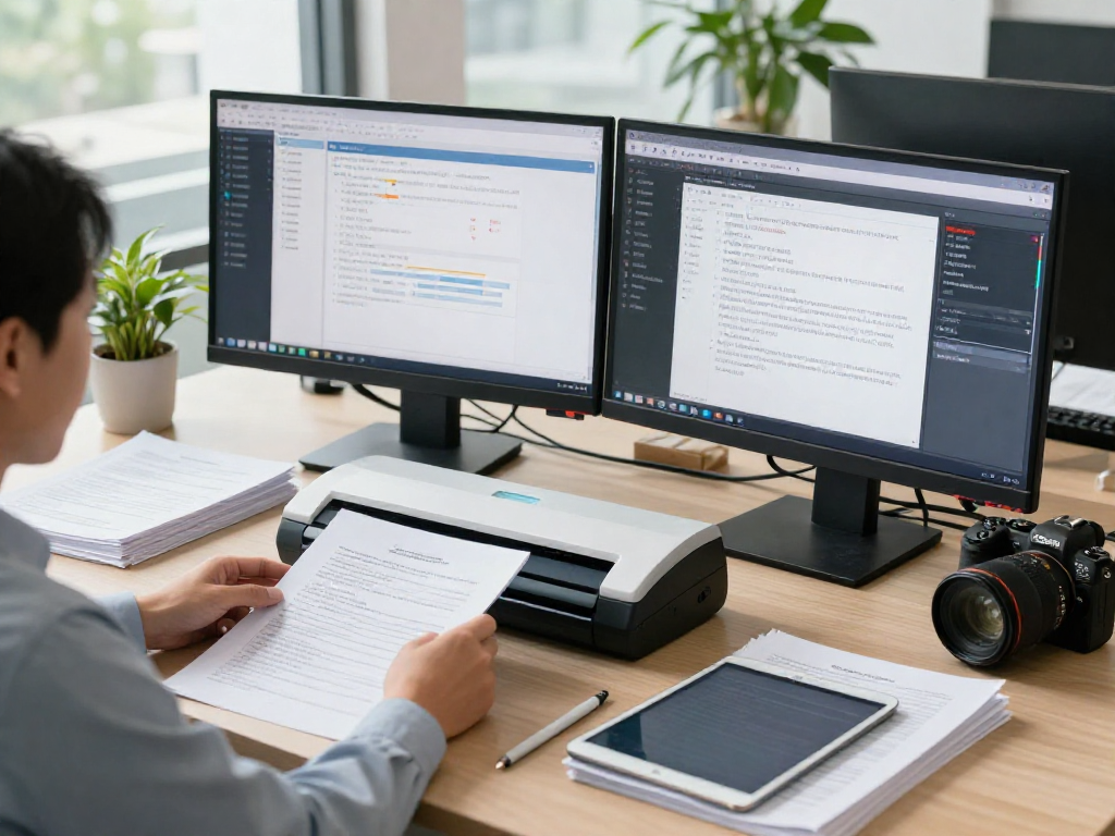 Compliance officer performing document fraud detection analysis using advanced software and high-tech tools in a modern office.