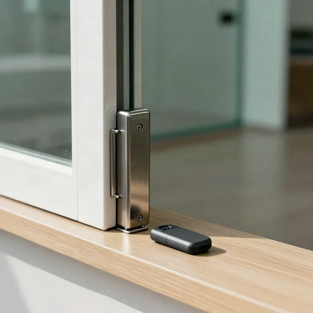 Serratura smart su porta vetrata d’ufficio, tessera vuota e batteria su ledge in legno.