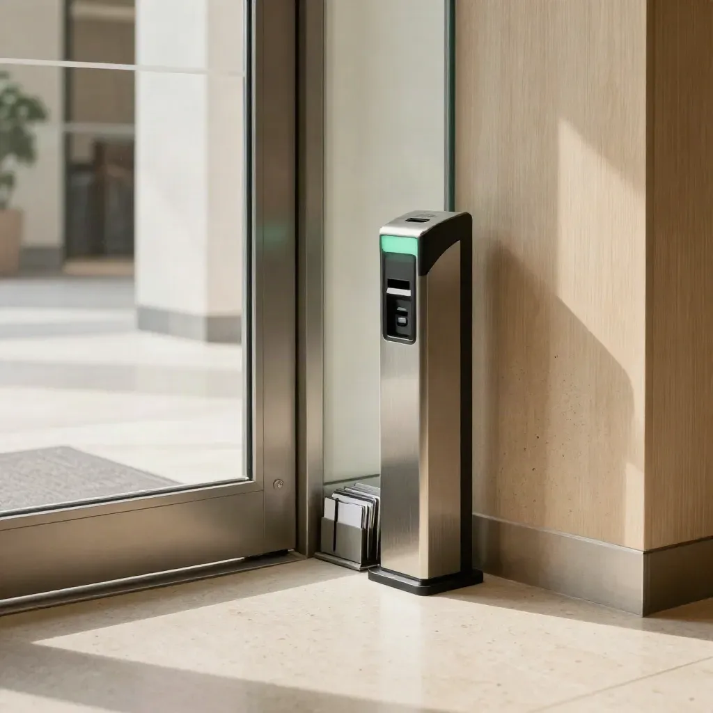 Ingresso ufficio con lettore badge, porta in vetro e tessere accesso su soglia in pietra.