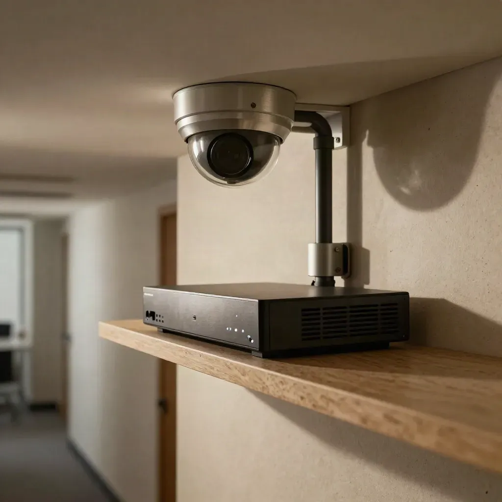 Impianto videosorveglianza in un corridoio ufficio, con telecamera dome e registratore.