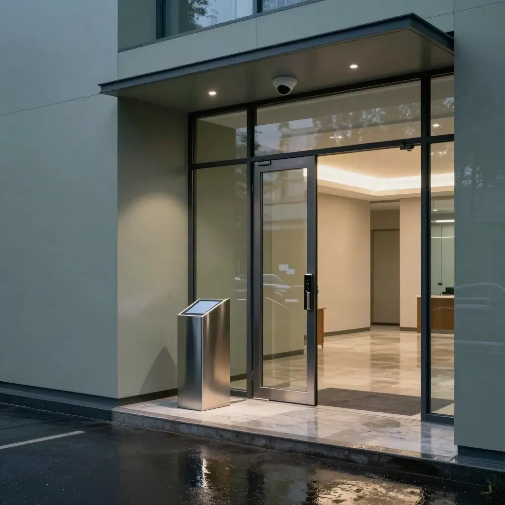 Ingresso ufficio con controllo accessi, videosorveglianza e finiture antincendio lucide.