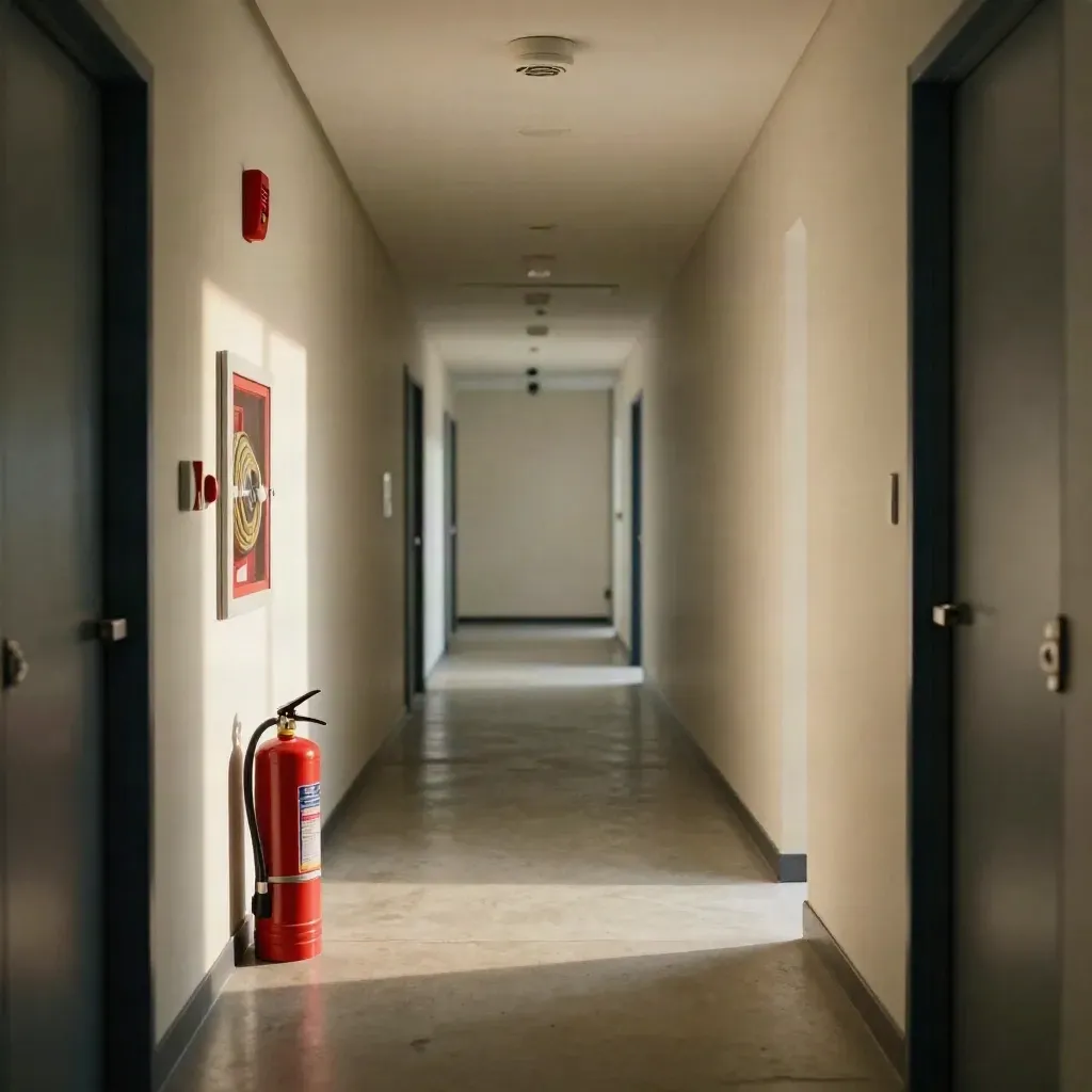 Corridoio ufficio con estintore, idrante, rilevatore a soffitto e via libera ben visibile.