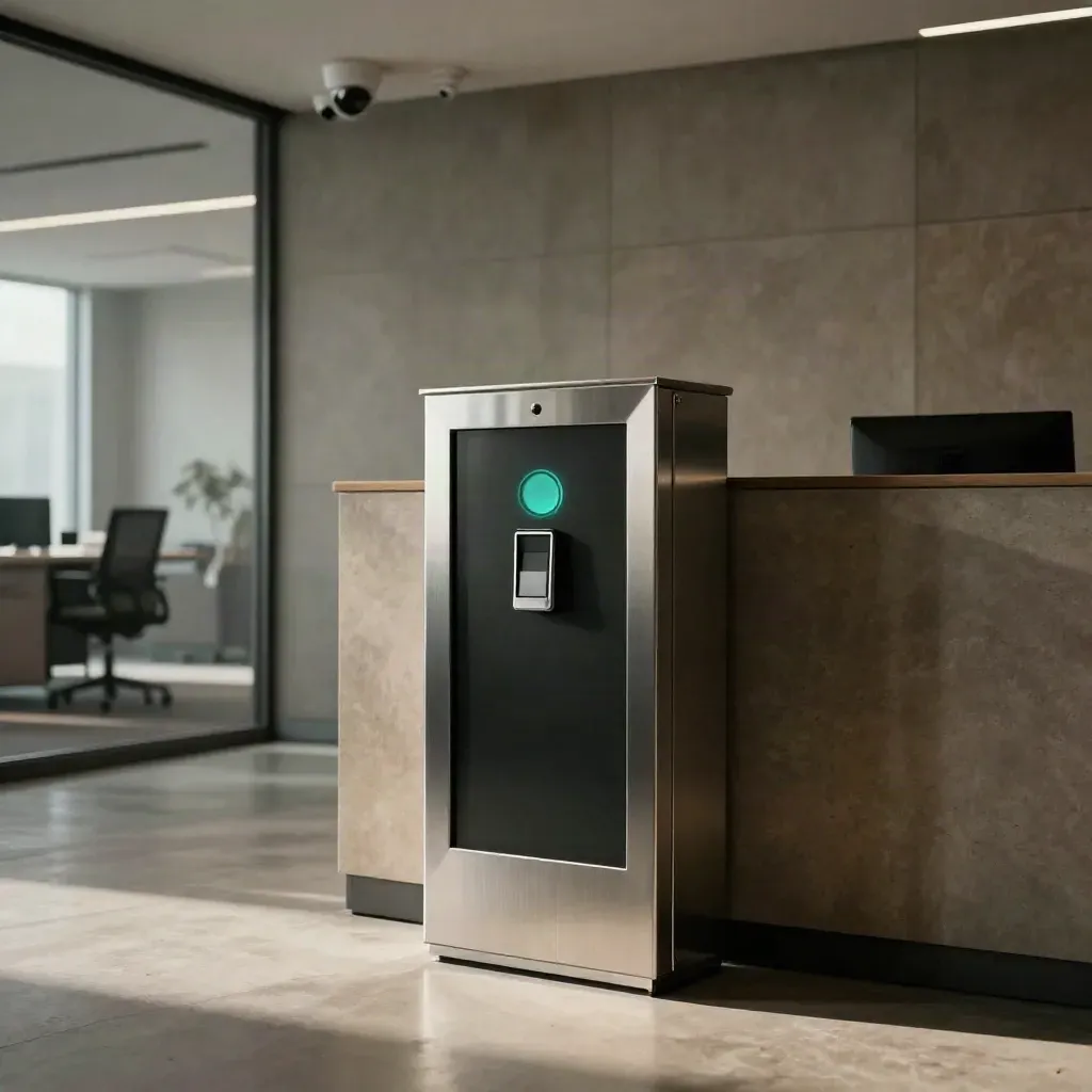 Lobby coworking con totem accessi, cupole CCTV e armadio tecnico in luce drammatica