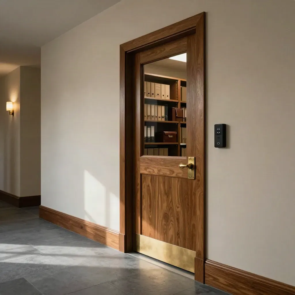 Corridoio archivio legale con porta smart lock in legno e scaffali separati, luce calda al tramonto