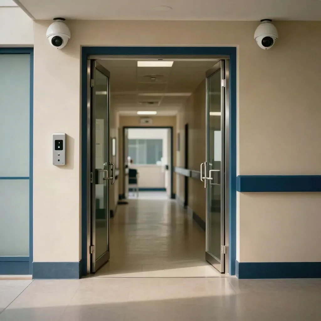 Ingresso di clinica privata con varco accessi aperto e telecamere nel corridoio comune.