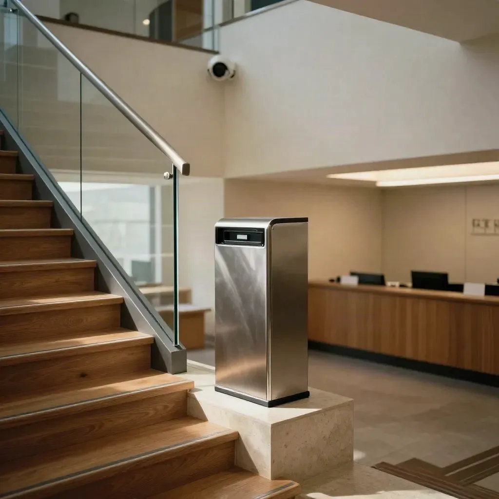 Scala di ufficio su due piani con lettore accessi e telecamera CCTV, vista dall’alto.