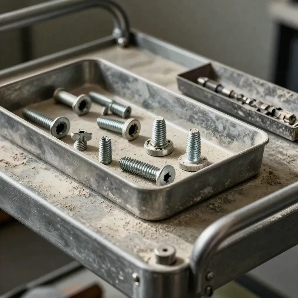 Viti, spezzoni di guaina e punte da trapano su carrello metallico impolverato.