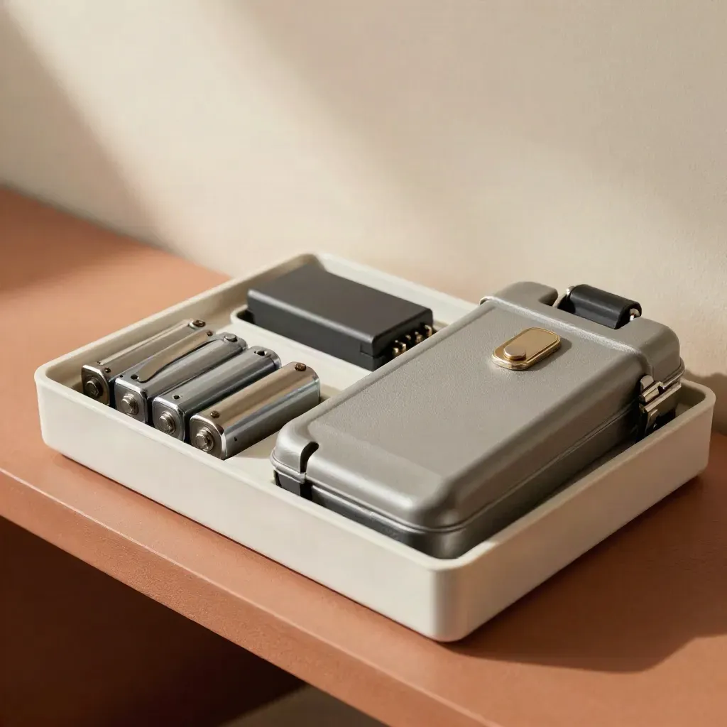 Vassoio bianco con batterie di ricambio, fob accesso, moduli relay e valigetta tecnica.
