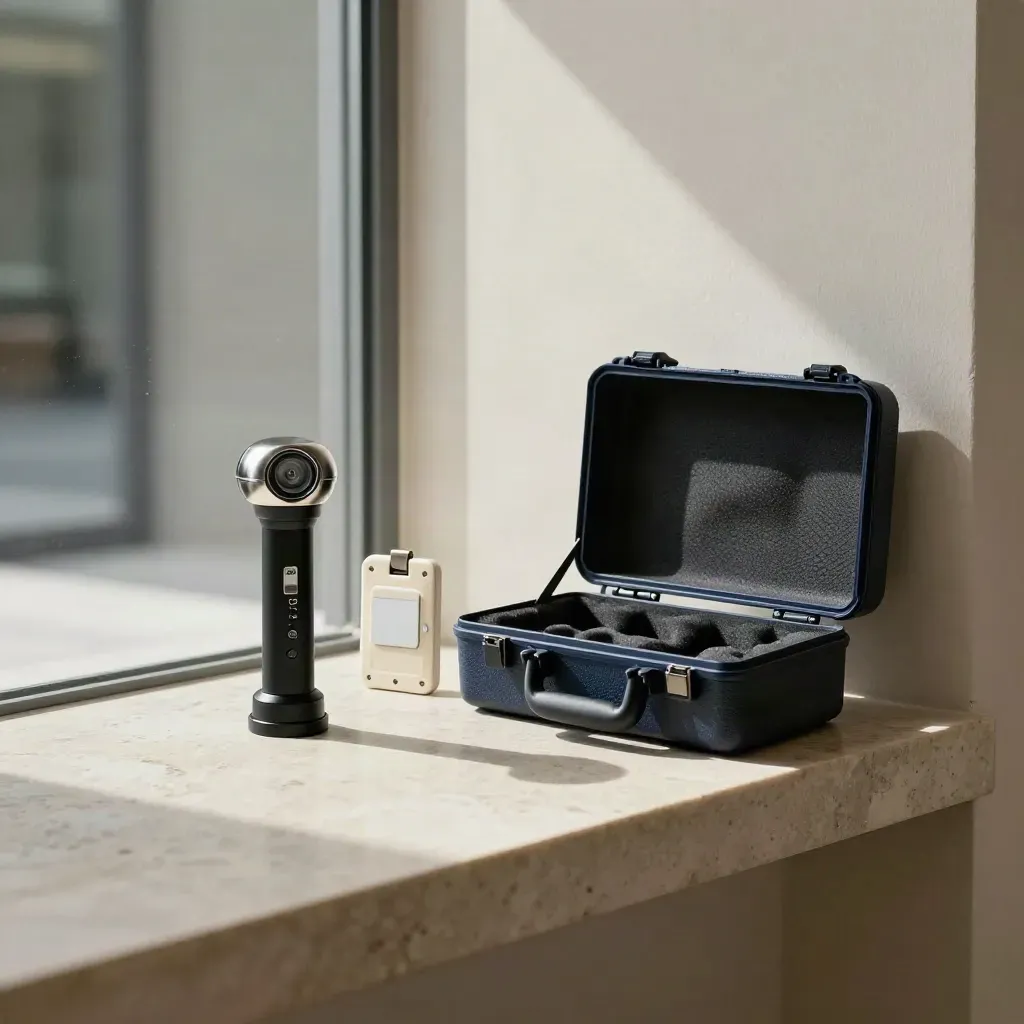 Kit per sopralluogo su mensola in pietra: torcia, sensore porta, badge vuoto e valigetta.