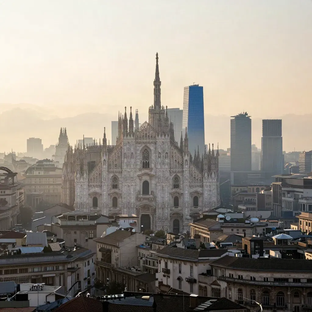 Panorama di Milano con Duomo e torri moderne avvolti nella foschia del mattino