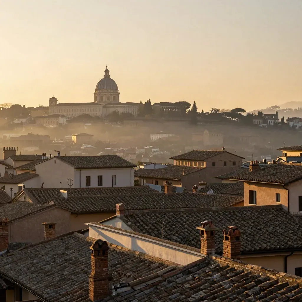 Panorama di Roma all’alba con tetti, cupola lontana e terrazze in travertino nella foschia