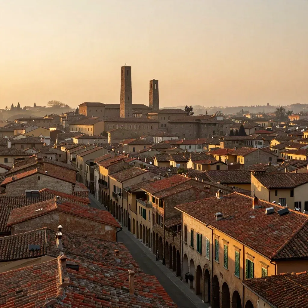 I Due Torri su tetti in terracotta di Bologna al tramonto, con spazio vuoto per il testo.