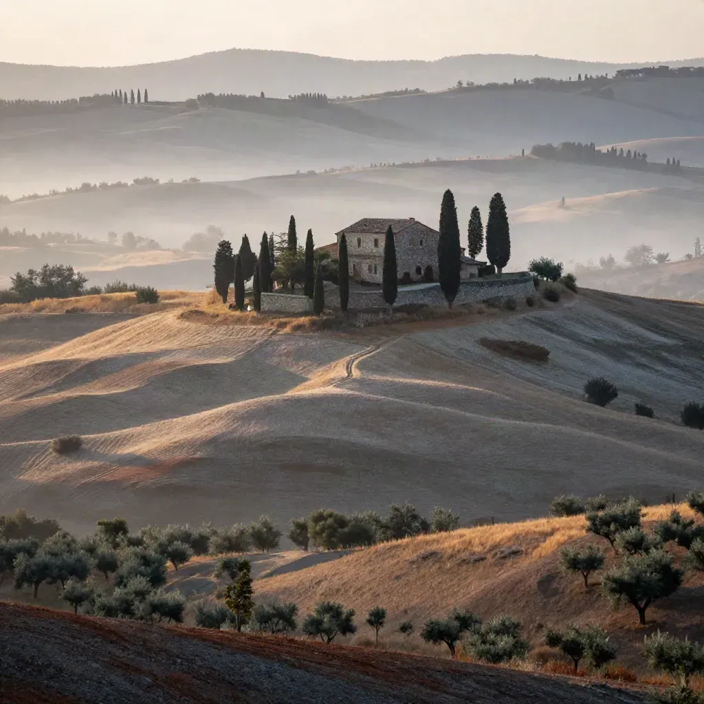 Collina toscana all’alba con cipressi e casale in pietra sulla Val d’Orcia velata dalla nebbia.