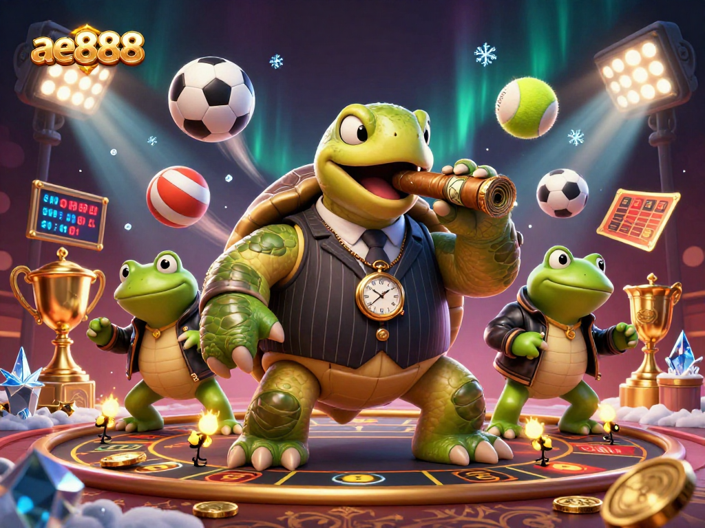 Experience thrilling casino action with ae888's vibrant illustration of a turtle mobster and bullfrog enforcers.
