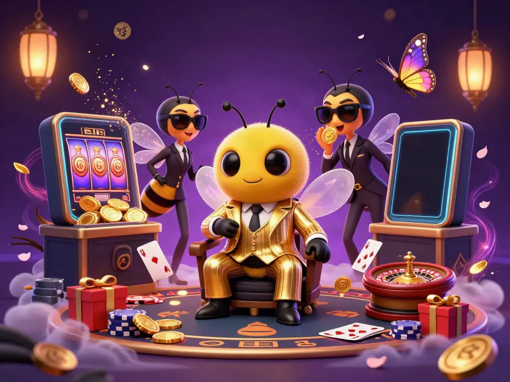 Engage with thrilling games at H 13's vibrant casino featuring a cartoon bumblebee mob boss.
