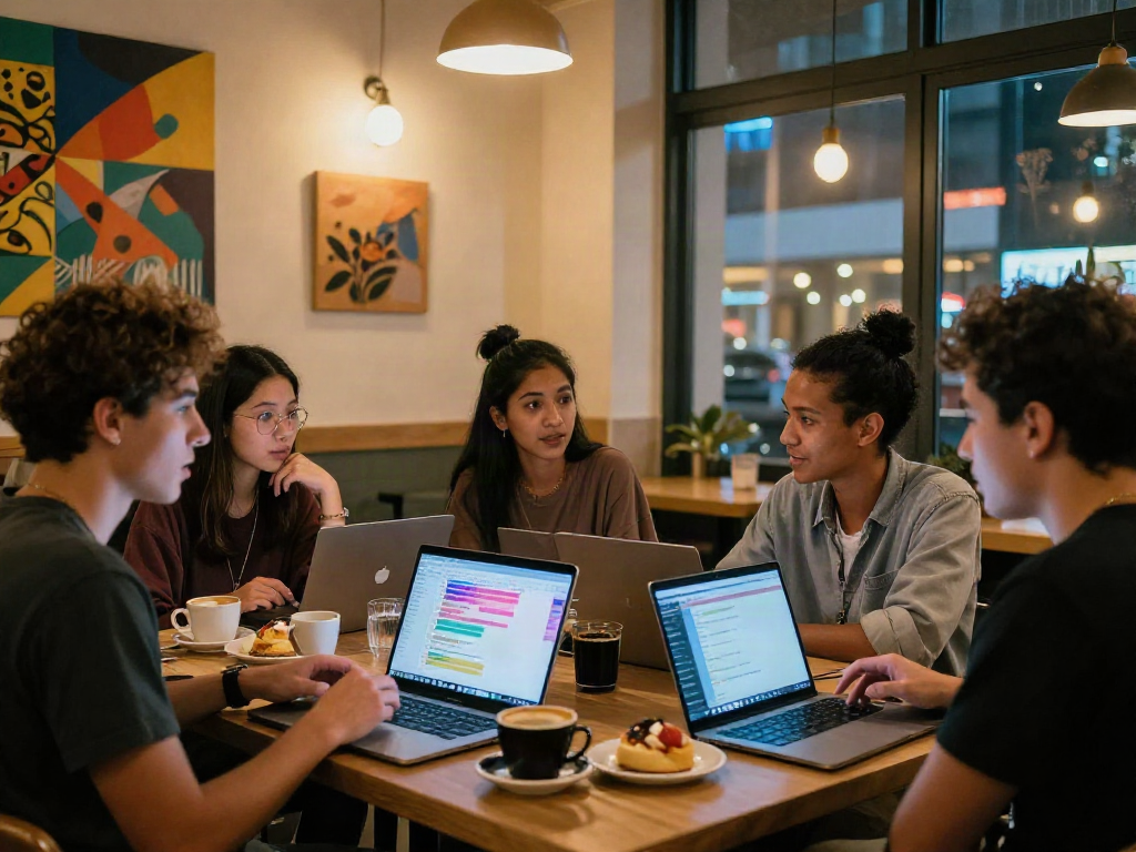 Friends engaging in ai nsfw chat at an urban café, vibrant atmosphere, laptops open.
