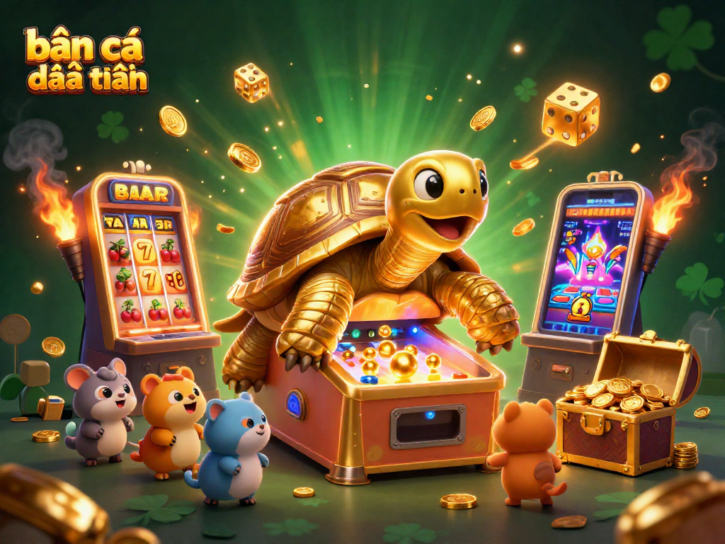 Engage in bắn cá đổi thưởng with golden tortoise and exciting game elements in a dynamic casino scene.