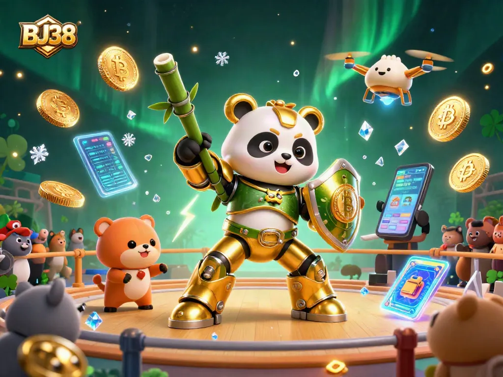 Watch BJ38's golden panda robot battle in a thrilling cockfighting arena filled with vibrant crypto elements.