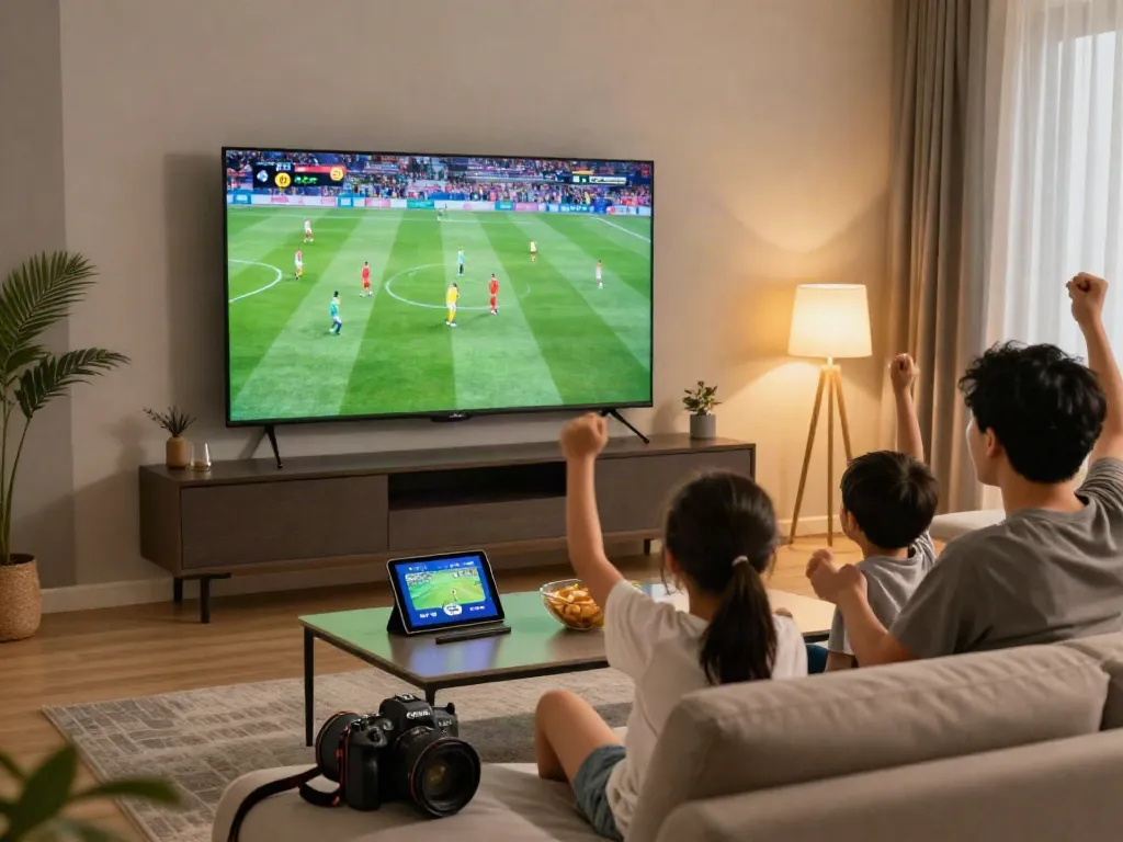 Family enjoying IPTV Italia on a smart TV in a stylish living room.