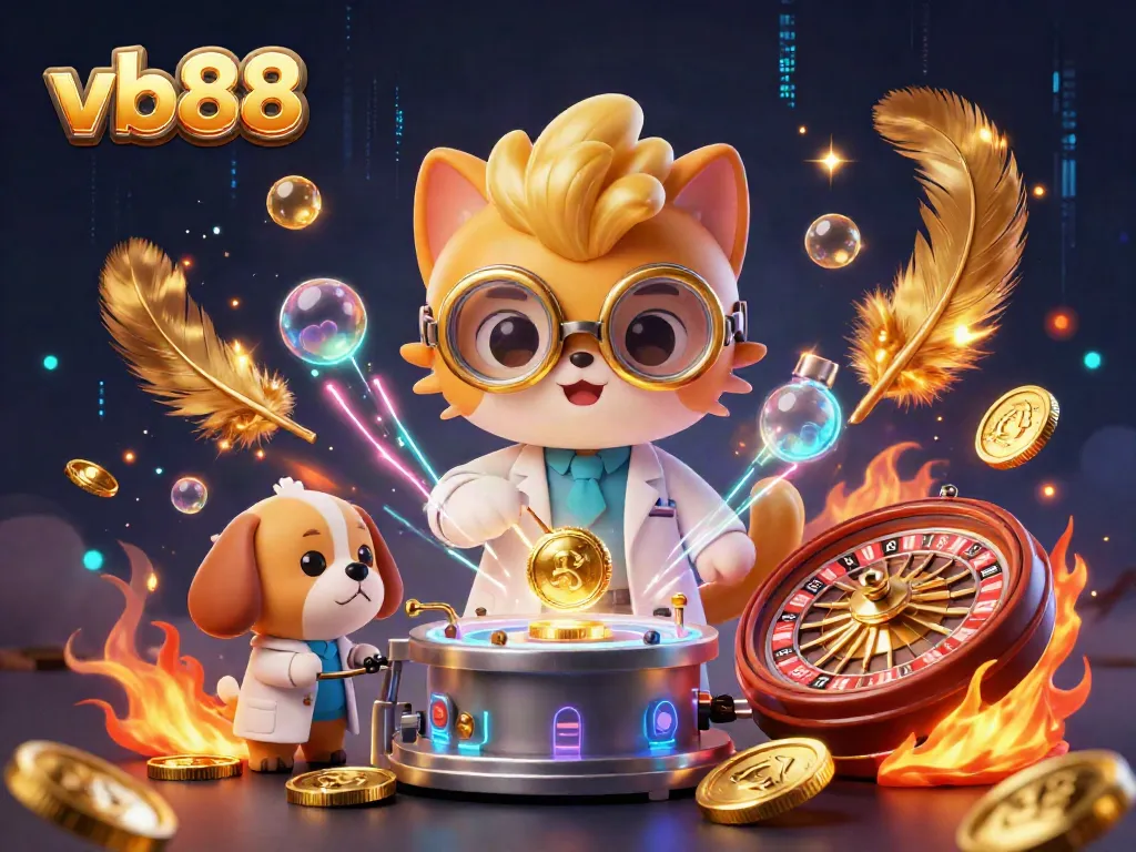 Join the fun at vb88 with this vibrant scene of a mad scientist cat and assistant amidst dynamic casino elements.